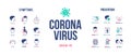 Coronavirus design with infographic elements. Coronavirus symptoms and prevention. Novel coronavirus 2019-nCoV banner. Covid-19 pa